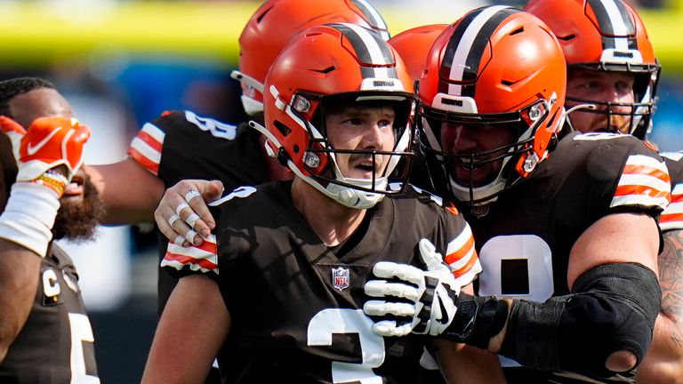 Cleveland Browns place kicker Cade York celebrates after kicking the game winning field goal against the Carolina Panthers during the second half of an NFL football game on Sunday, Sept. 11, 2022, in Charlotte, N.C. (AP Photo/Rusty Jones)