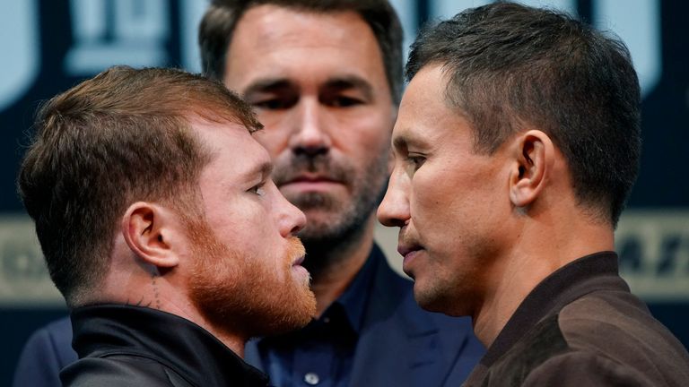 Canelo Alvarez, left, and Gennady Golovkin, right, pose during a news conference Thursday, Sept. 15, 2022, in Las Vegas. The two are scheduled to fight in a super middleweight title bout Saturday in Las Vegas. (AP Photo/John Locher)