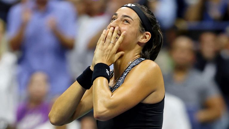Caroline Garcia reacts after winning a women's singles quarterfinal match at the 2022 US Open, Tuesday, Sep. 6, 2022 in Flushing, NY. (Simon Bruty/USTA via AP)