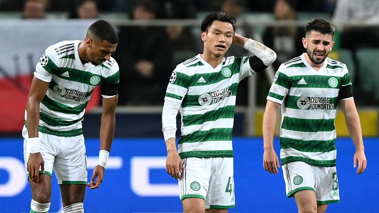 Celtic&#39;s Moritz Jenz, Reo Hatate and Greg Taylor appear dejected after Shakhtar Donetsk score