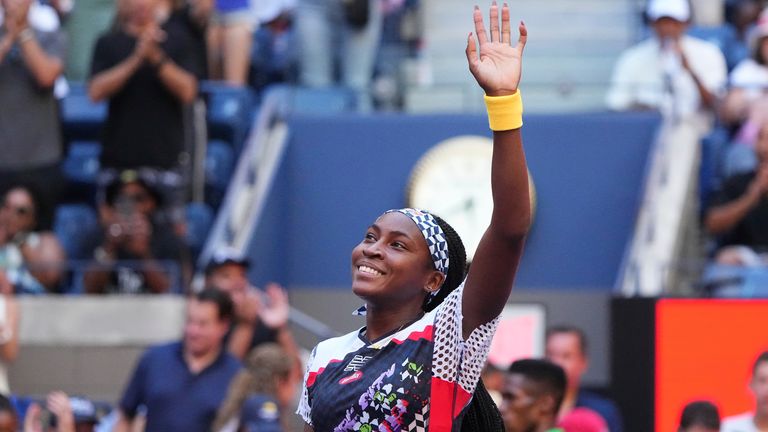 Coco Gauff reacts to winning a women&#39;s singles match at the 2022 US Open, Friday, Sep. 2, 2022 in Flushing, NY. (Garrett Ellwood/USTA via AP)