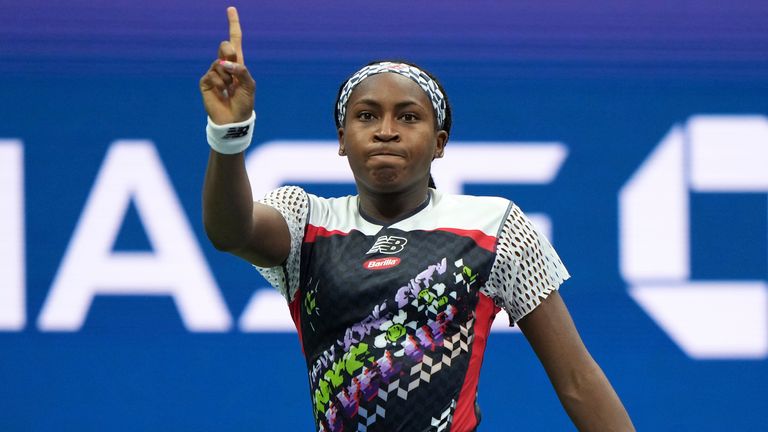 Coco Gauff reacts during a women's singles match at the 2022 US Open, Sunday, Sep. 4, 2022 in Flushing, NY. (Darren Carroll/USTA via AP)