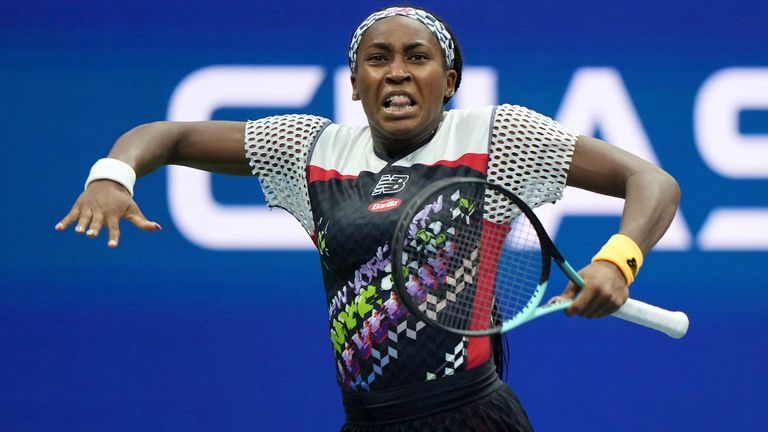 Coco Gauff reacts during a women&#39;s singles match at the 2022 US Open, Sunday, Sep. 4, 2022 in Flushing, NY. (Darren Carroll/USTA via AP)