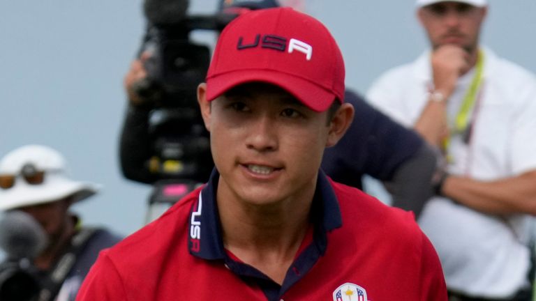 Team USA's Collin Morikawa reacts after winning the 17th hole during a Ryder Cup singles match at the Whistling Straits Golf Course Sunday, Sept. 26, 2021, in Sheboygan, Wis. (AP Photo/Ashley Landis) 