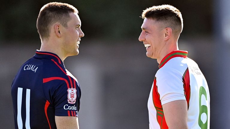 4 September 2022; Con O'Callaghan of Cuala and John Small of Ballymun Kickhams during the Dublin County Senior Club Football Championship Group 2 match between Cuala and Ballymun Kickhams at Parnell Park in Dublin. Photo by Piaras .. M..dheach/Sportsfile