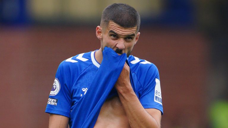 Everton's Conor Coady reacts after his goal is ruled offside by VAR