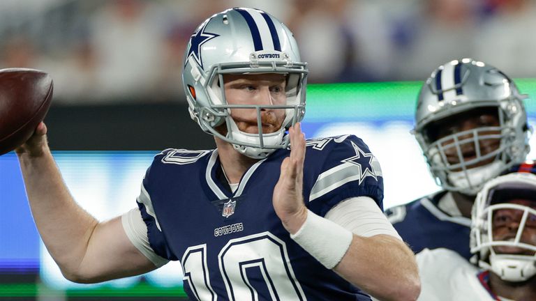 Dallas Cowboys quarterback Cooper Rush (10) passes against the New York Giants during the second quarter of an NFL football game, Monday, Sept. 26, 2022, in East Rutherford, N.J. (AP Photo/Adam Hunger)