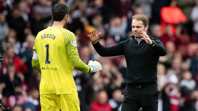 GLASGOW, SCOTLAND - APRIL 16: Hearts manager Robbie Neilson (R) and Craig Gordon at full time during a Scottish Cup Semi-Final between Hearts and Hibs at Hampden Park, on April 16, 2022, in Glasgow, Scotland. (Photo by Paul Devlin / SNS Group)
