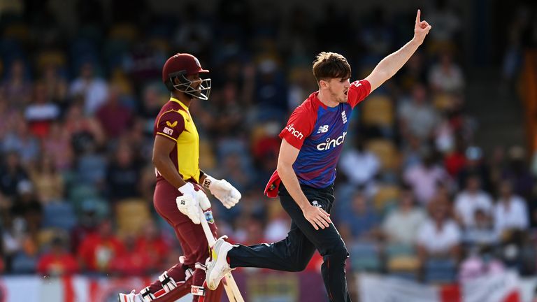 George Garton of England celebrates the wicket of Brandon King of West Indies during the T20 International Series third T20I match in January