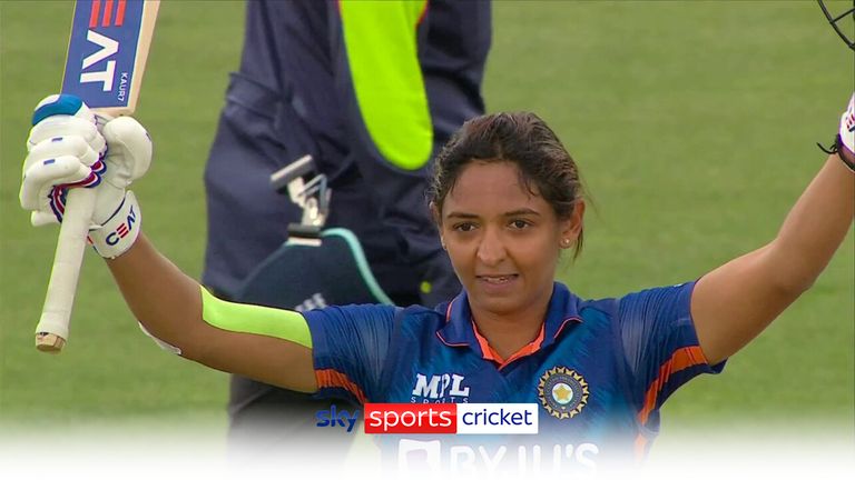 Harmanpreet Kaur celebrates she brings up her 100 for India against England.
