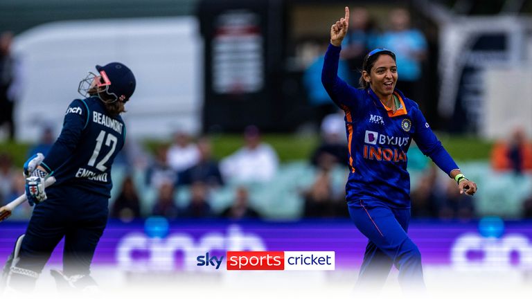 After making a century with the bat, Harmanpreet Kaur&#39;s day gets even better as she runs out England&#39;s Tammy Beaumont.