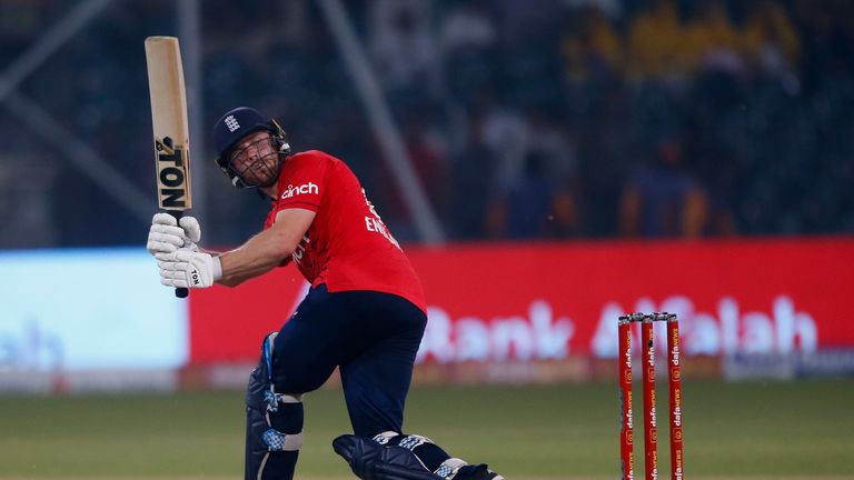 England&#39;s Phil Salt follows the ball after playing a shot for six during the sixth twenty20 cricket match between Pakistan and England, in Lahore, Pakistan, Friday, Sept. 30, 2022.