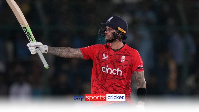 England&#39;s Alex Hales celebrates scoring fifty runs during the first T20 cricket match between Pakistan and England, in Karachi, Pakistan, Tuesday, Sept. 20, 2022.