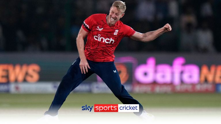 England&#39;s Luke Wood celebrates the dismissal of Pakistan&#39;s Mohammad Nawaz during the first T20 cricket match between Pakistan and England, in Karachi, Pakistan, Tuesday, Sept. 20, 2022.