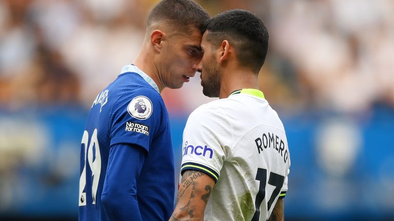 Cristian Romero confronts Kai Havertz during Tottenham's 2-2 draw with Chelsea