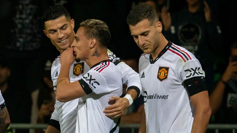 Cristiano Ronaldo celebrates with Antony and Diogo Dalot after scoring for Manchester United vs Sheriff Tiraspol