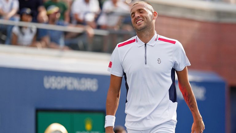 Dan Evans reacts during a men's singles match at the 2022 US Open, Saturday, Sep. 3, 2022 in Flushing, NY. (Darren Carroll/USTA via AP)
