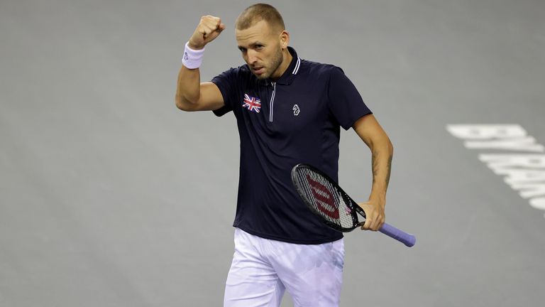 Great Britain&#39;s Dan Evans celebrates levelling the score in the second set against Netherlands&#39; Tallon Griekspoor during the Davis Cup by Rakuten group stage match between Great Britain and Netherlands at the Emirates Arena, Glasgow.