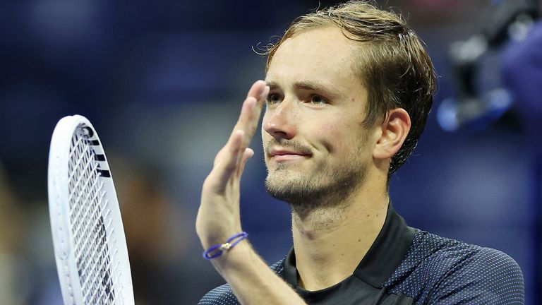 Daniil Medvedev reacts after winning a men&#39;s singles match at the 2022 US Open, Friday, Sep. 2, 2022 in Flushing, NY. (Simon Bruty/USTA via AP)