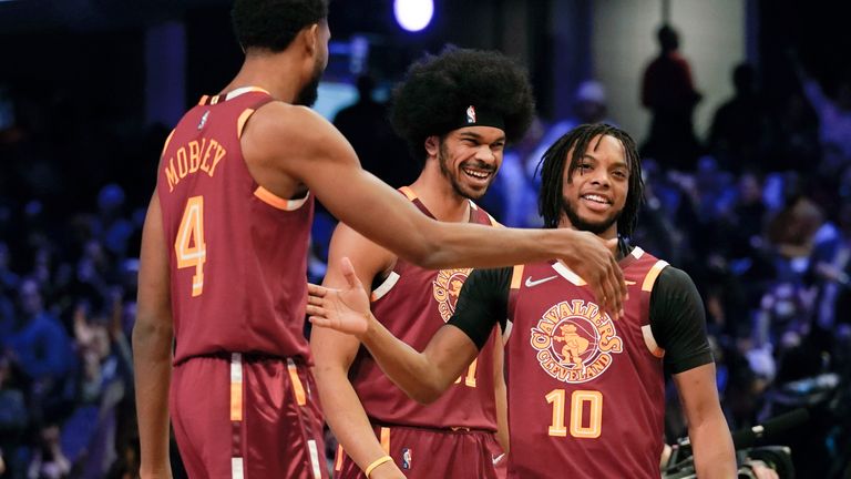 Cleveland Cavaliers stars Darius Garland (10), Evan Mobley (4) and Jarrett Allen celebrate after winning the team shooting section of during the NBA All-Star Skills Challenge 2022