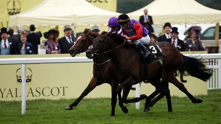 Dartmouth (right), ridden by Olivier Peslier, wins the Hardwicke Stakes at Royal Ascot in 2016