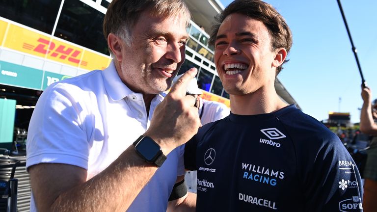 Nyck de Vries (right) celebrates with Williams boss Jost Capito after the Italian GP