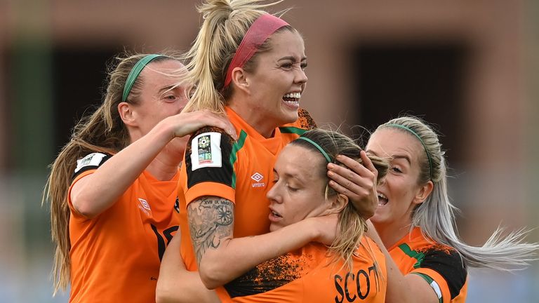 Senec, Slovakia - September 6, 2022;  Denise O'Sullivan of the Republic of Ireland celebrates with her team mates after scoring her team's first goal during the FIFA Women's World Cup 2023 Qualifying match between Slovakia and the Republic of Ireland at the National Center drive from Senec, Slovakia.  (Photo by Stephen McCarthy/Sportsfile via Getty Images)