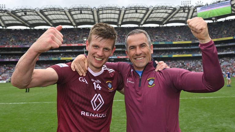 9 July 2022; John Heslin of Westmeath, left, and coach Dessie Dolan celebrate after their side's victory in the Tailteann Cup Final match between Cavan and Westmeath at Croke Park in Dublin. Photo by Seb Daly/Sportsfile