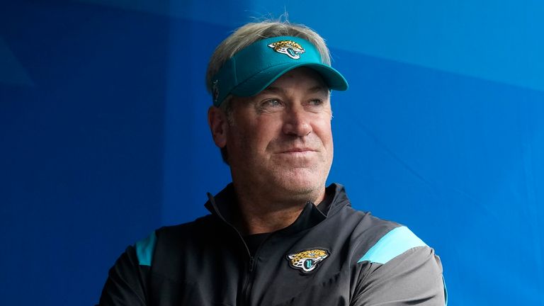 Jacksonville Jaguars head coach Doug Pederson waits before an NFL football game against the Los Angeles Chargers in Inglewood, Calif., Sunday, Sept. 25, 2022. (AP Photo/Marcio Jose Sanchez)