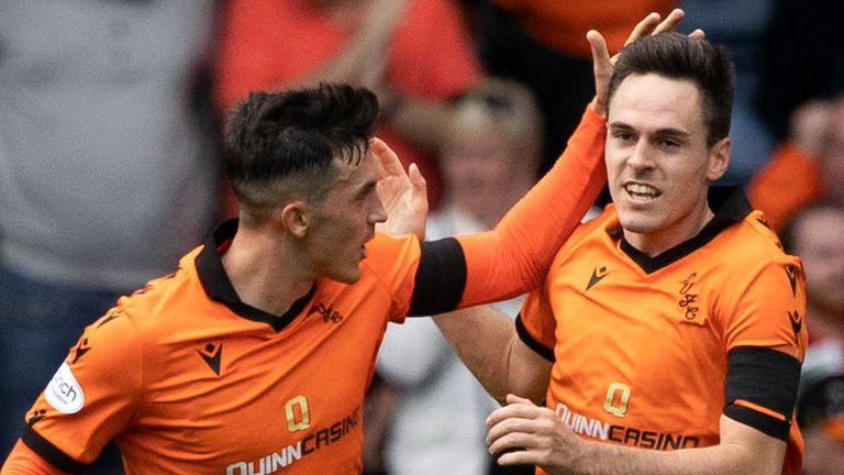 GLASGOW, SCOTLAND - SEPTEMBER 17: Dundee United's Liam Smith (R) celebrates pulling a goal back to make it 2-1 during a cinch Premiership match between Rangers and Dundee United at Ibrox Stadium, on September 17, 2022, in Glasgow, Scotland. (Photo by Craig Williamson / SNS Group)