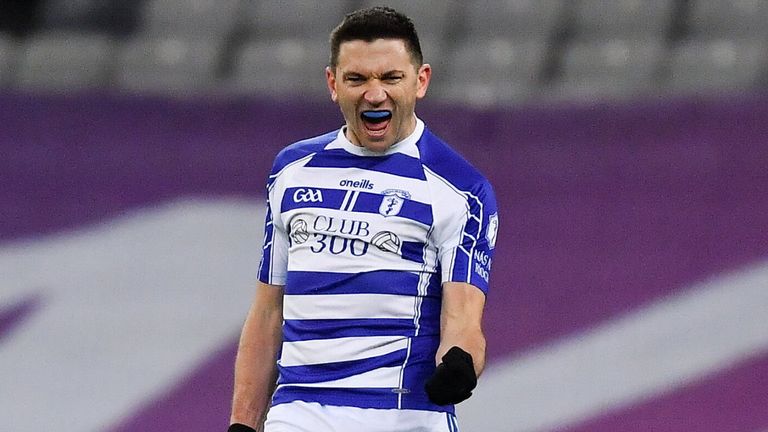 18 December 2021; Eamonn Callaghan of Naas celebrates a last minute free during the AIB Leinster GAA Football Senior Club Championship Semi-Final match between Shelmaliers and Naas at Croke Park in Dublin. Photo by Ray McManus/Sportsfile