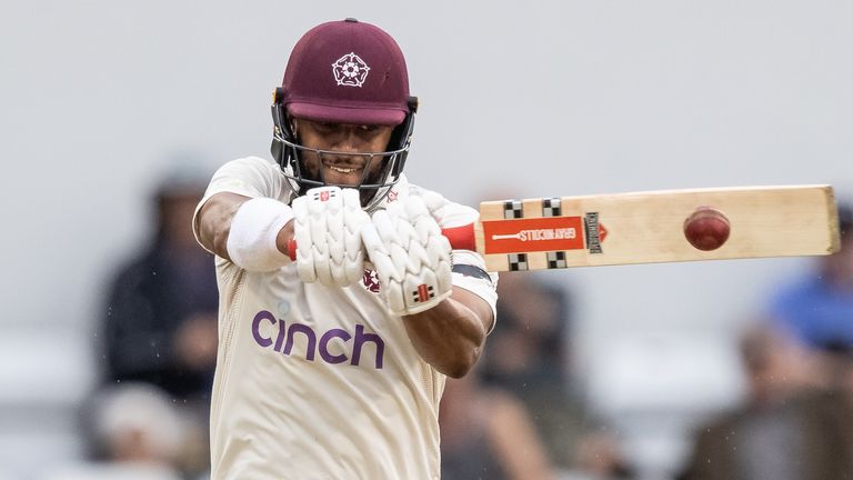 Emilio Gay scores his third first hundred for Northamptonshire ahead of Surrey