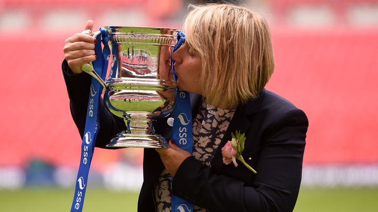 Emma Hayes celebrates winning the FA Cup in 2015, her first trophy as Chelsea manager