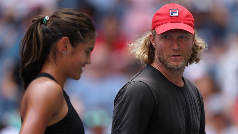 Emma Raducanu of Great Britain in a practice session with coach Dmitry Tursunov of Russia during previews for the 2022 US Open tennis at USTA Billie Jean King National Tennis Center on August 27, 2022 in the Flushing neighborhood of the Queens borough of New York City. (Photo by Julian Finney/Getty Images)