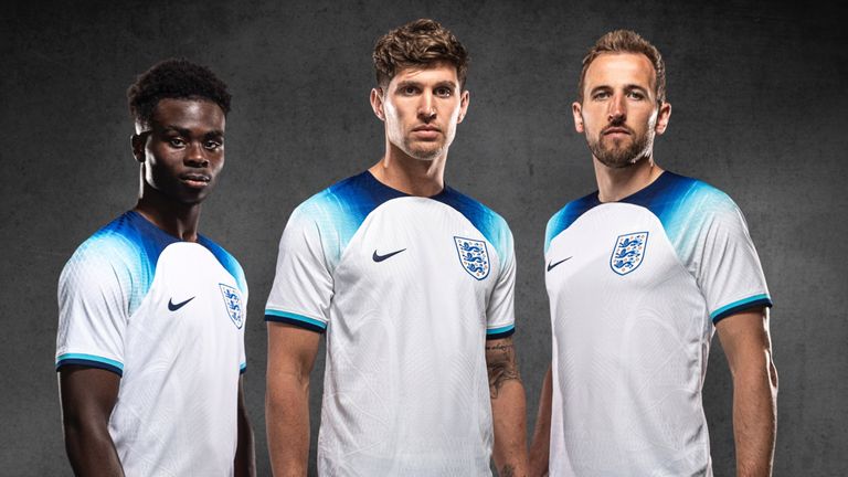 Bukayo Saka, John Stones and Harry Kane model the new England home shirt (Credit: FA)