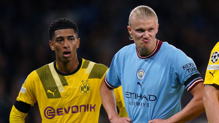 Jude Bellingham and Erling Haaland during the game between Manchester City and Borussia Dortmund at the Etihad Stadium