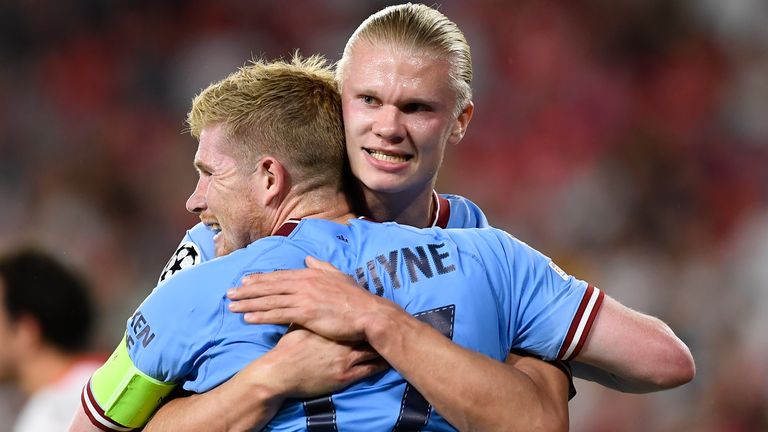 Erling Haaland embraces Kevin De Bruyne after scoring for Man City vs Sevilla 