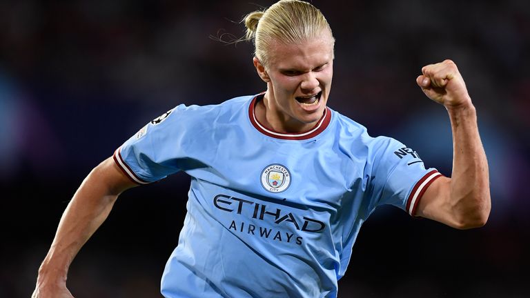 Erling Haaland celebrates after scoring Man City&#39;s third goal vs Sevilla 