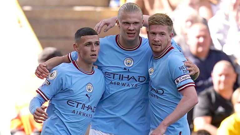 Man City goalscorer Erling Haaland celebrates with Phil Foden and Kevin De Bruyne