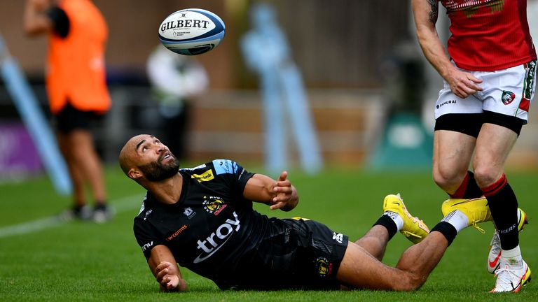 Exeter Chiefs' Olly Woodburn reaches for a lose ball