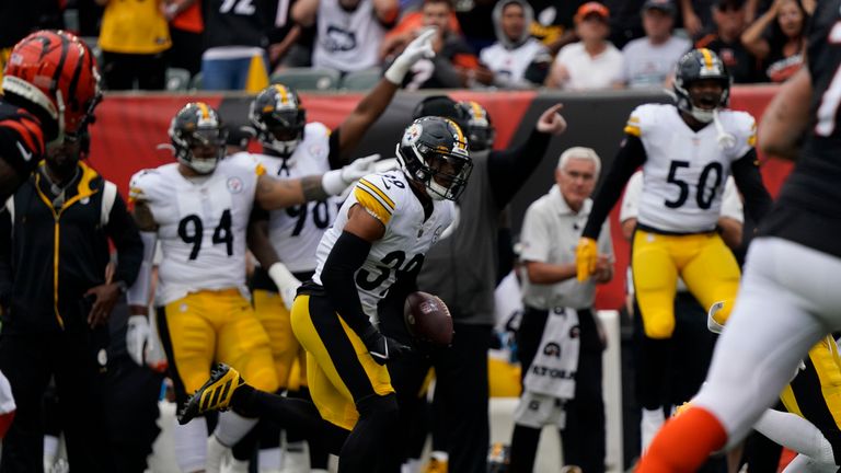 Pittsburgh Steelers safety Minkah Fitzpatrick (39) runs back in interception for a touchdown during the first half of an NFL football game against the Cincinnati Bengals, Sunday, Sept. 11, 2022, in Cincinnati. (AP Photo/Joshua A. Bickel)



