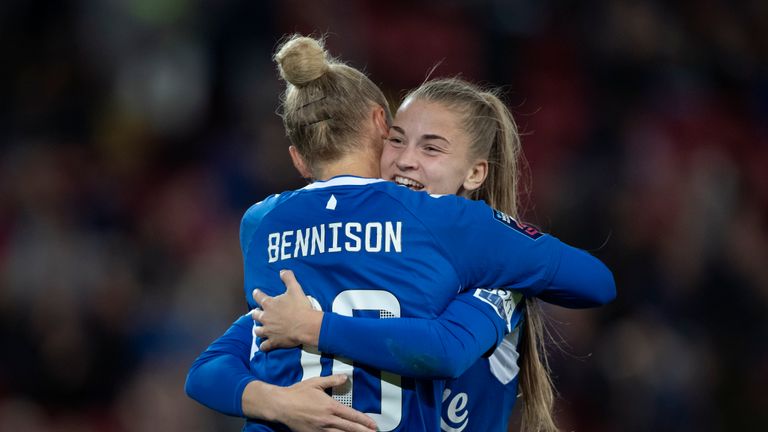LIVERPOOL, ENGLAND - SEPTEMBER 25: Hanna Bennison of Everton celebrates scoring their team&#39;s third goal with team mate Jessica Park during the FA Women&#39;s Super League match between Liverpool FC and Everton FC at Anfield on September 25, 2022 in Liverpool, United Kingdom. (Photo by Joe Prior/Visionhaus via Getty Images)