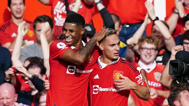 Manchester United's Antony (right) celebrates with Marcus Rashford after scoring their side's first goal of the game during the Premier League match at Old Trafford, Manchester. Picture date: Sunday September 4, 2022.