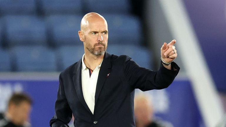 Manchester United manager Erik ten Hag reacts after the Premier League match between Leicester City and Manchester United at the King Power Stadium on September 1, 2022 in Leicester, England.