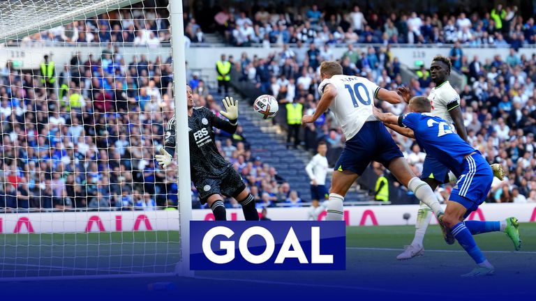 Harry Kane heads Tottenham level against Leicester City.