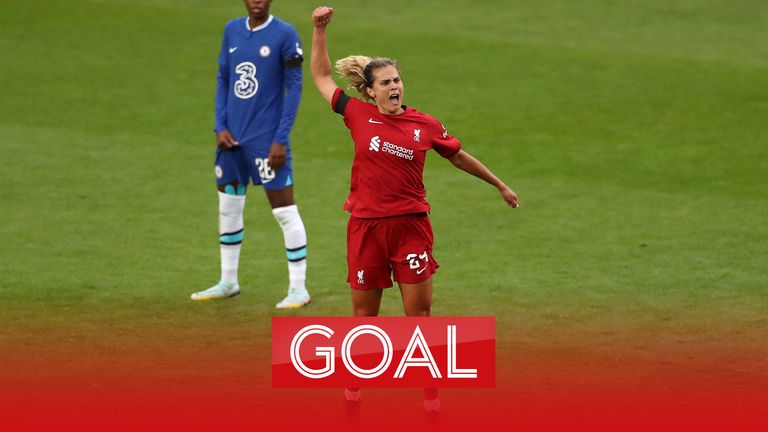 Katie Stengel equalises from the penalty spot for Liverpool in their WSL match against Chelsea.