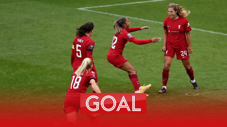 Katie Stengel of Liverpool celebrates with teammates after scoring their side&#39;s second goal from the penalty spot during the FA Women&#39;s Super League match between Liverpool FC Women and Chelsea FC Women at Prenton Park on September 18, 2022 in Birkenhead, England. 