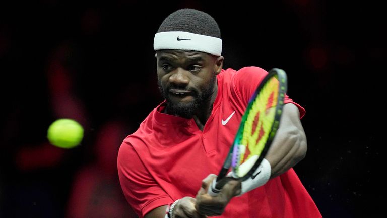 Team Wold's Frances Tiafoe plays a return to Team Europe's Stefanos Tsitsipas on the third day of the Laver Cup at the O2 arena (AP Photo/Kin Cheung)