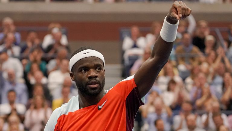 Frances Tiafoe, of the United States, reacts during a quarterfinal match against Andrey Rublev, of Russia, at the U.S. Open tennis championships, Wednesday, Sept. 7, 2022, in New York. (AP Photo/Mary Altaffer)