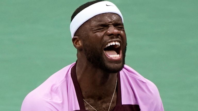 Frances Tiafoe, of the United States, celebrates after winning a point against Rafael Nadal, of Spain, during the fourth round of the U.S. Open tennis championships, Monday, Sept. 5, 2022, in New York. (AP Photo/Eduardo Munoz Alvarez)